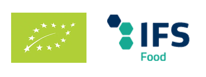 Zwei Zertifizierungslogos: links ein grünes Quadrat mit einem weißen Blatt, das von Sternen gebildet wird (EU-Bio-Symbol); rechts das IFS Food-Logo mit Sechsecken und blau-grünem Text auf weißem Hintergrund.