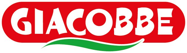 Das Bild zeigt das Wort "GIACOBBE" in fetten weißen Buchstaben auf einem roten ovalen Hintergrund, mit einer grünen geschwungenen Linie unterhalb des Textes.
