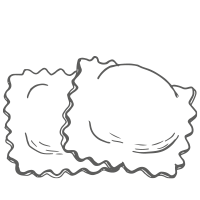 Einfache schwarze und weiße Strichzeichnung von zwei Ravioli-Teigwaren mit gewellten Rändern, die sich auf einem glatten Hintergrund leicht überlappen.