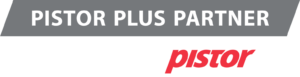 Ein rechteckiges Banner mit PISTOR PLUS PARTNER in fetten weißen Buchstaben auf grauem Hintergrund und dem roten Pistor-Logo darunter auf weißem Hintergrund.