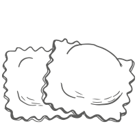 Einfache schwarze und weiße Strichzeichnung von zwei Ravioli-Teigwaren mit gewellten Rändern, die sich auf einem glatten Hintergrund leicht überlappen.